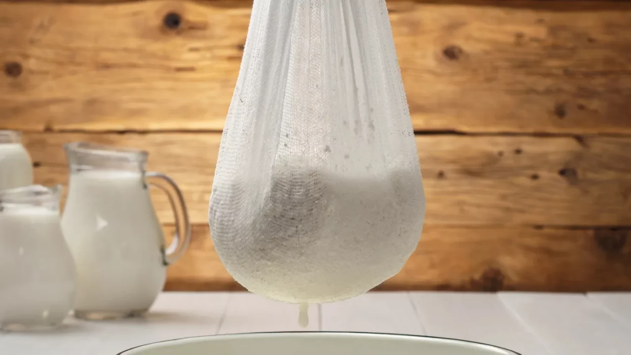 Cooking homemade cottage cheese on a wooden background.